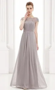 Elegant grey evening gown with delicate lace bodice detail and flowing chiffon skirt.