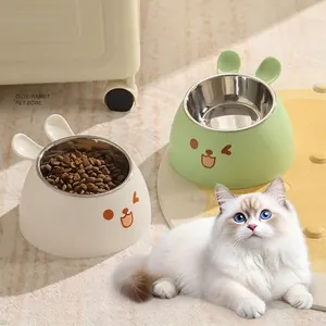 Cute Rabbit Ears Pet Bowl Stainless Steel Tilted Neck Protection Elevated Cat Dog Food Water Bowl Anti-slip Feeder Bowl