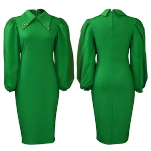 Front and back view of a green long sleeve bodycon dress with beaded collar and puff sleeves