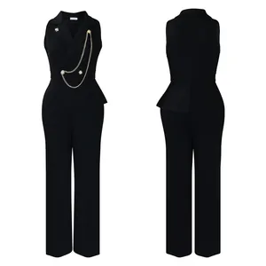 Front and back views of a black sleeveless wide-leg jumpsuit with gold chain detail