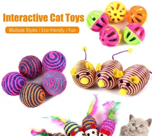 Assorted cat toy set including sisal balls, bell balls, and feathered mice for fun.