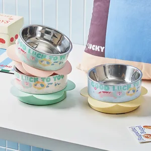 Premium stainless steel elevated pet bowl with flower base and cute animal prints