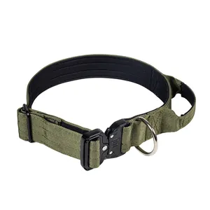 Gedetailleerde weergave van tactische hondenhalsband in olijfgroen met metalen gesp