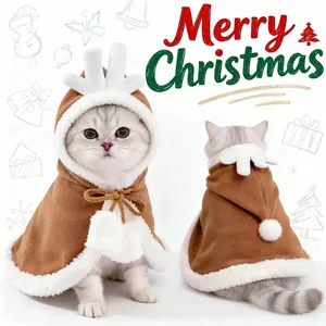 Mantello di Natale per Animali Domestici a Renna in Morbido Peluche di Poliestere con Corna per Cani Gatti Costume da Cosplay