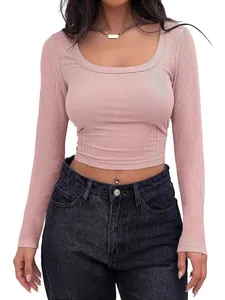 Women Slim Fit Ribbed Long Sleeve T-Shirt Square Neck Cropped Top Casual Knitted Basic Tee Soft Solid Color Ribbed Top