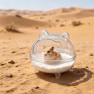 Transparent cat-ear shaped hamster sand bath box for Syrian hamsters in desert setting