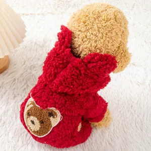Cute red fleece hooded pet sweater with a bear patch for small dogs and cats winter wear