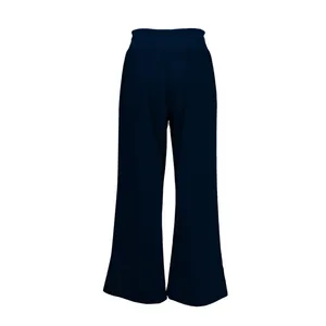 Back view of elegant high-waisted navy blue wide-leg trousers for women with flowy fit