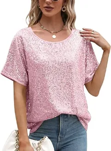 Haut à paillettes roses pour femmes, manches courtes, coupe décontractée et brillante