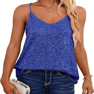 Canotta blu con paillettes e scollo a V, vestibilità ampia e stile casual senza maniche.