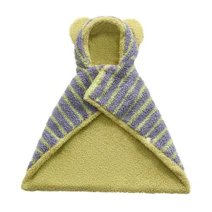 Cozy striped fleece dog hooded cloak with cute ears for pet winter warmth and comfort
