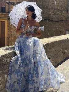 Elegant off-the-shoulder blue floral organza long evening gown for summer parties