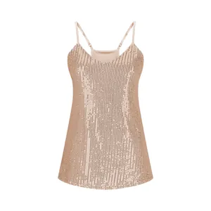 Detailed view of rose gold V-neck sleeveless sequin tank top with metallic finish