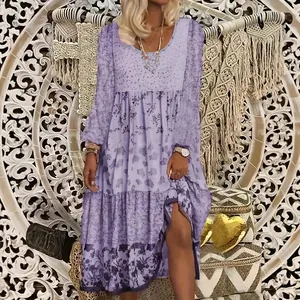Bohemian light purple floral long sleeve round neck tiered maxi dress for women