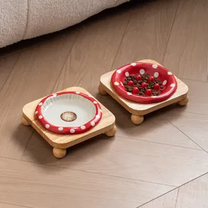 Ensemble de Gamelles en Céramique Champignon pour Animaux Avec Support en Chêne Gamelle Anti-basculement Alimentation Lente pour Chats Chiens