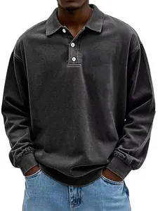 Detailed view of washed dark grey men's long-sleeve polo shirt with buttoned lapel
