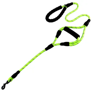 Neon green reflective dog leash with dual foam handles for training and outdoor walking.