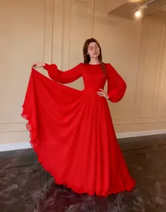 Elegant long red chiffon maxi dress featuring lantern sleeves and a pleated bodice