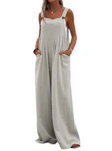 Mono informal sin mangas de pierna ancha con botones decorativos en tejido gris transpirable
