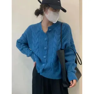 Vintage blue cable-knit crewneck cardigan with loose fit for women's autumn winter wear