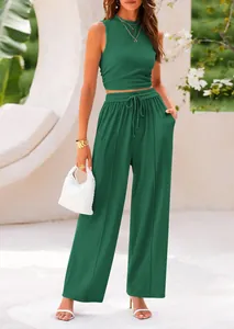 Detailed view of women's green 2-piece knit set with sleeveless top and wide-leg pants