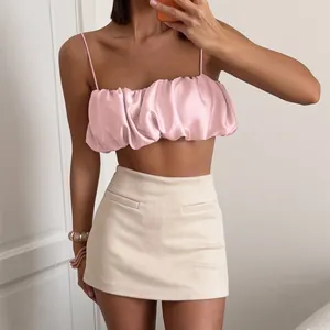Elegant pink satin ruffled crop top camisole for women stylish summer fashion outfit