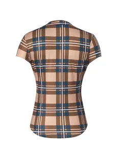 Back view of brown plaid slim-fit top featuring blue and white check pattern