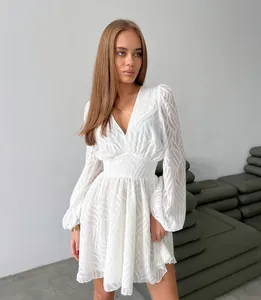 Elegantes weißes Jacquard-Kleid im französischen Stil mit V-Ausschnitt und Ärmeln.