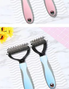 Professional dual-sided pet grooming rake for cats and dogs deshedding tool detail view