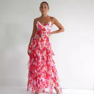 Elegant floral print chiffon maxi dress with ruffled tiers and camisole straps