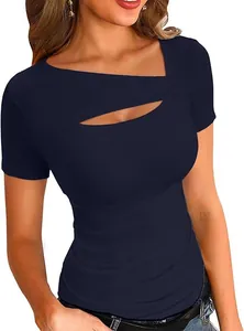 Detailed shot of a navy blue ribbed slim-fit T-shirt featuring a unique cutout