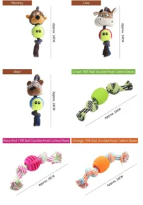 Assorted durable cotton rope dog chew toys with plush animals and colorful TPR balls