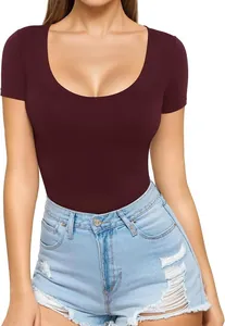 Detailed view of women's sexy low scoop neck slim fit short sleeve top in burgundy.