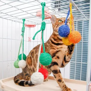 Durable hanging sisal rope ball cat toys for cage play in multiple vibrant colors and sizes