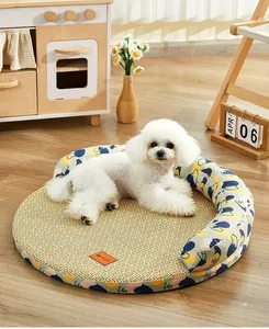 Cozy round summer pet cooling mat with floral bolsters and a cute white dog lying