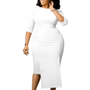 Elegant white commuter OL office dress with 3/4 sleeves and hip-hugging silhouette.