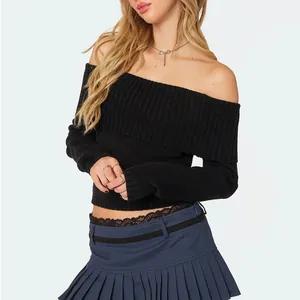 Chic black off-shoulder long sleeve ribbed knit sweater for women, spring fashion.