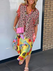 V-neck summer maxi dress with vibrant leopard and floral print in a loose casual style