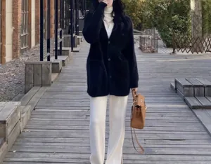 Elegant black faux mink cardigan for women, perfect for stylish autumn and winter outfits.