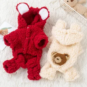 Two cute hooded bear fleece sweaters for small dogs and cats in vibrant red and soft cream