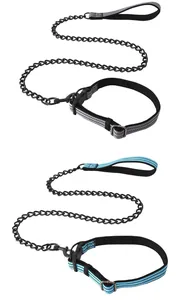 Heavy-duty black metal dog chain leash and reflective collar set in two colors.