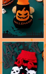 Primo piano di maglioni in maglia di Halloween per animali con motivi di zucca e teschio.