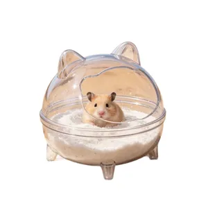 Transparent cat-ear shaped hamster sand bath container featuring a cute Syrian hamster inside