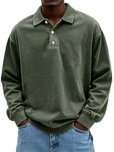 Oversized washed green men's long sleeve polo shirt with button collar detail