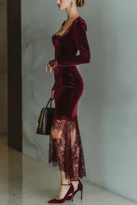Side view of an elegant burgundy velvet dress with delicate lace patchwork hemline