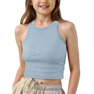 Close-up detail of light blue ribbed fabric on children's sleeveless crop tank top