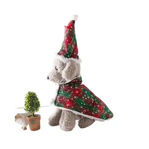 Christmas pet cloak and hat set with red green plaid and snowflake patterns for cats and dogs.