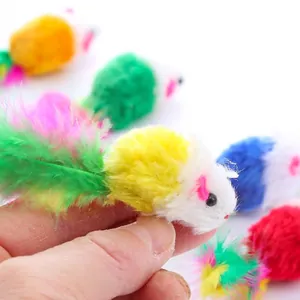 Soft plush mouse cat toy with colorful feathers for active and interactive pet play