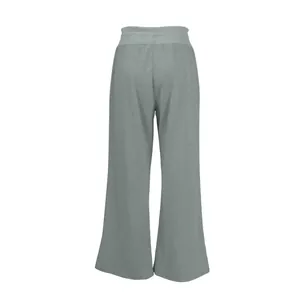 Back view of women's high-waisted grey wide-leg trousers in flowy lightweight fabric