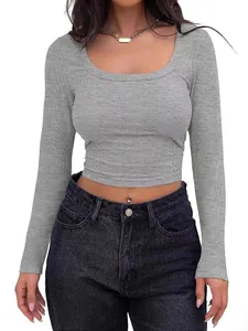 Women's slim fit grey ribbed long sleeve crop top with a square neckline fashion